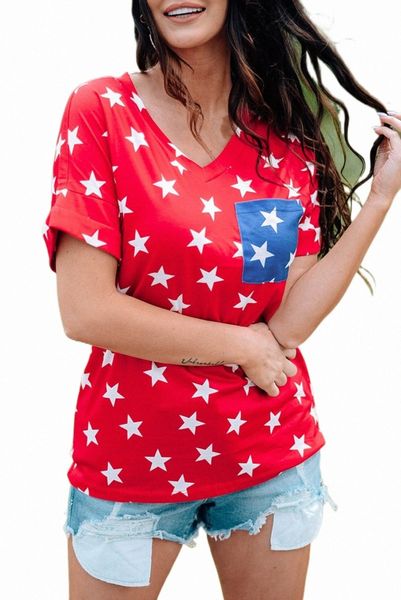 

usa star print patch pocket red t-shirt 2023 new g7kl#, White