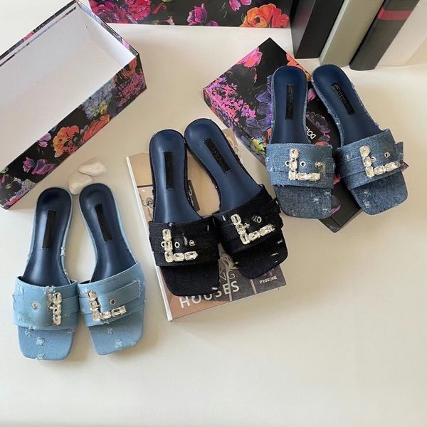

designer sandals rhinestone denim flat slippers women 2023 summer new rhinestone square buckle beach casual women sandals, Black