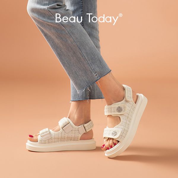 

sandals beautoday platform sandals women lattice round toe hook loop plaid cloth summer casual ladies outdoor shoes handmade 38161 230518, Black