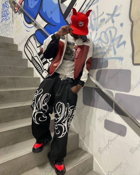 

men's jeans harajuku loose fashion y2k street pography clothing pattern pants in 2023 trousers for men baggy cargo 230517, Blue