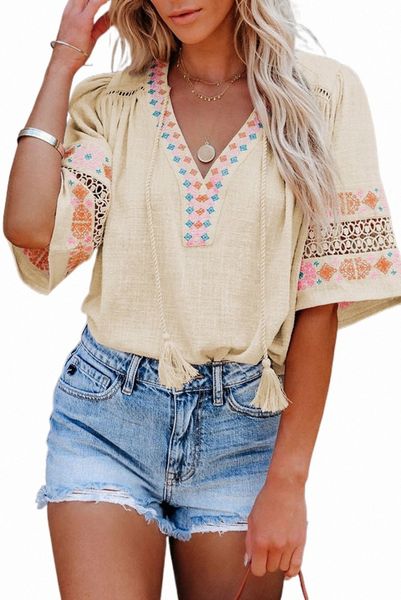 

beige tassel drawstring embroidered half sleeve v neck l4zq#, White