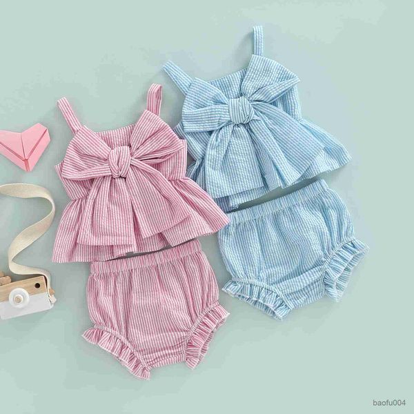 

clothing sets 0-18m newborn baby girls clothing summer outfit sets pink sleeveless bowknot camisole and ruffle striped shorts set r230518, White