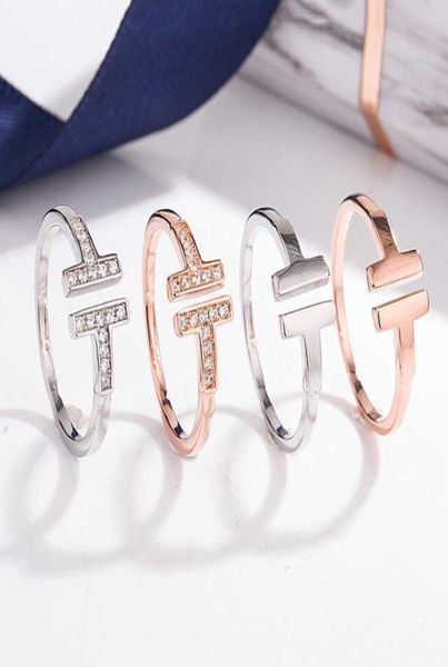 

925 sterling silver double t open ring plated with 18k rose gold women039s micro set zircon fashion adjustable anti allergy5628011