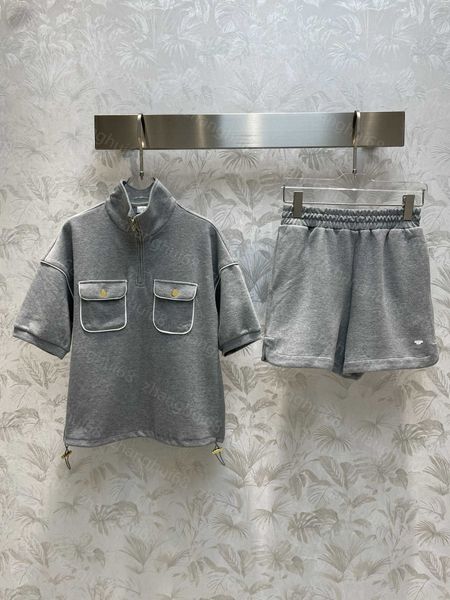 

23ss womens designer clothing women tracksuit contrasting color half zipper stand-up collar drawstring short sleeve elastic waist shorts set, Gray