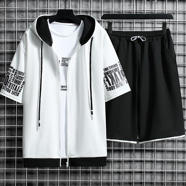 

men's tracksuits men sets 2 pieces tracksuit summer short sleeve hooded shorts streetwear loose mens suit casual zipper hip hop sports, Gray