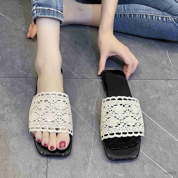 

slippers hollow lace flat bottomed house slippers for women summer 2023 line ladies slippers casual shoes mujer, Black