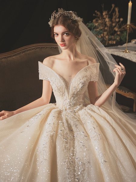 

luxury champagne wedding dresses off the shoulder sweep train shining rhinestone appliques custom made elegant ball bride gowns, White