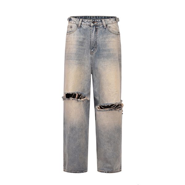 

men's jeans y2k knee hole washed straight wide leg baggy for men and women streetwear vintage loose casual denim trousers oversized 230, Blue