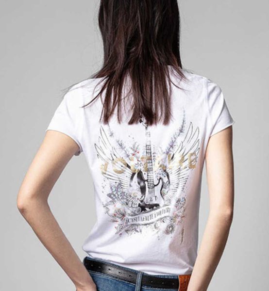 

23ss zadig voltaire summer cotton new designer t shirt guitar letter stamping print v neck white women fashion
