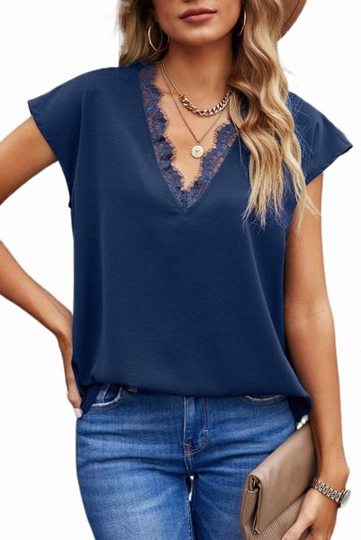 

blue v neck lace trim t-shirt 2023 new 2023 new g6d5#, White