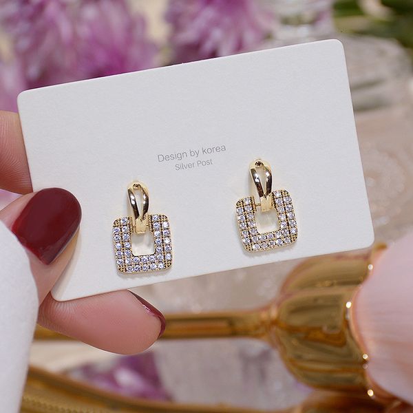 

hoop huggie 14k real gold square pave inlaid zircon earring for women charm elegant temperament drop eearrings jewelry brincos pendant 23051, Golden;silver