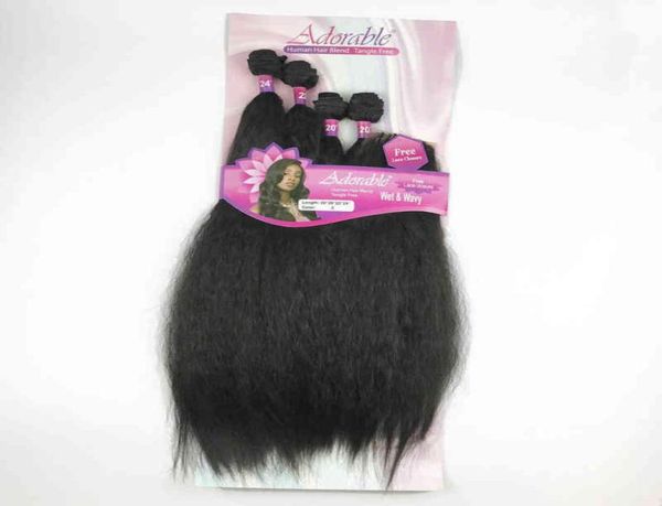 

adorable kinky straight heat resistant fiber natural color soft synthetic packet hair wetwavy 4pcs with machine closure h2206256855, Black