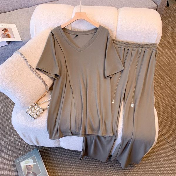 

women's two piece pants summer women's suit fashion casual short-sleeved slit t-shirt sports suit straight pants temperament elega, White