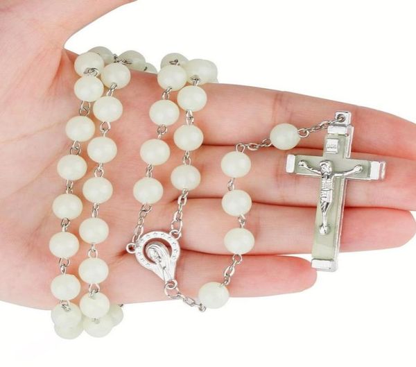 

jesus crucifix cross pendant necklace glow in the dark night light fluorescence christ prayer beads necklaces for women girls fash7639866, Silver