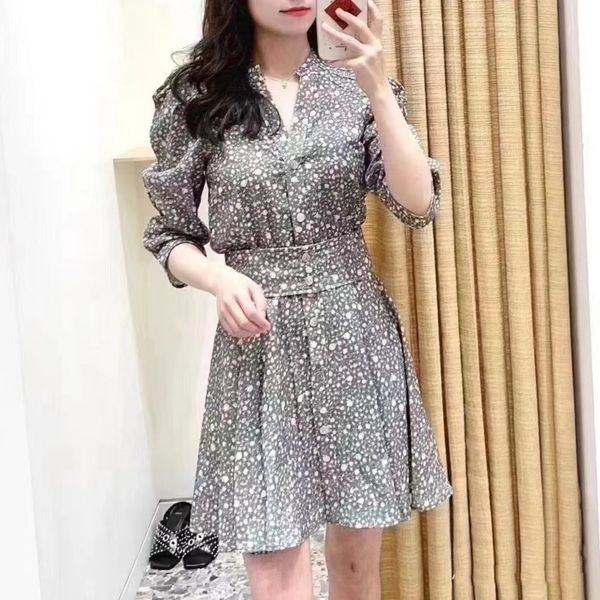 

casual dresses -aje v-neck fit floral dress 3/4 sleeve single breasted mini dress for women, Black;gray