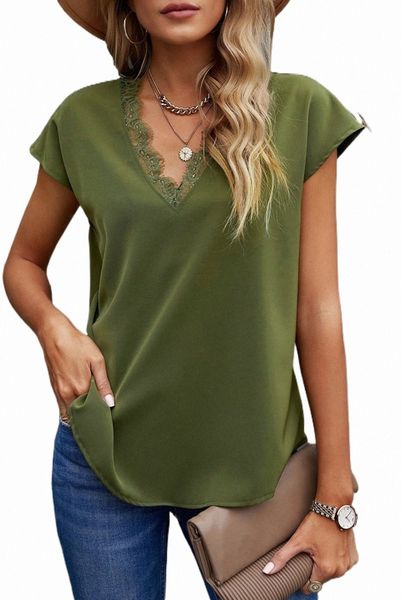 

green v neck lace trim t-shirt 2023 new 2023 new h2qs#, White