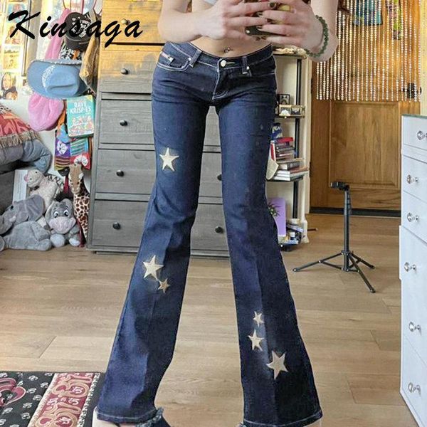 

jeans vintage y2k star printed low waist flare pants fashion skinny stretchy embroidered hip hop bell bottom mom jeans skater trousers, Blue