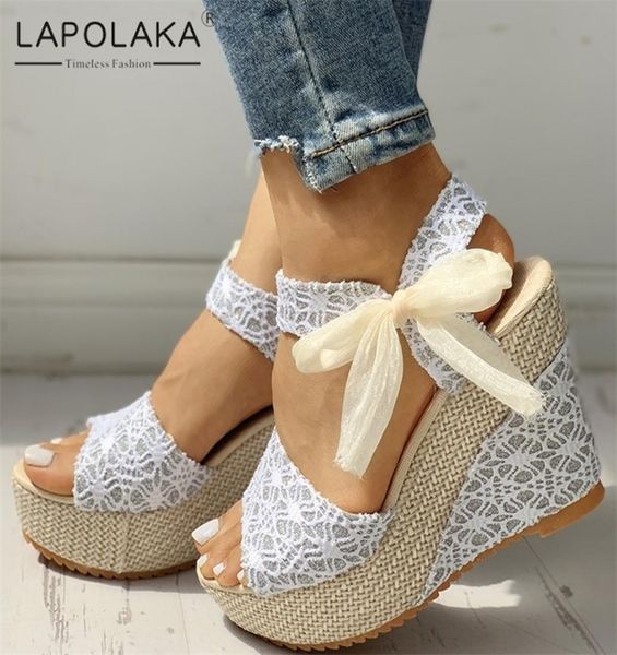 

lapolaka ins lace leisure women wedges heeled women shoes summer sandals party platform high heels shoes woman mx2004078947083, Black