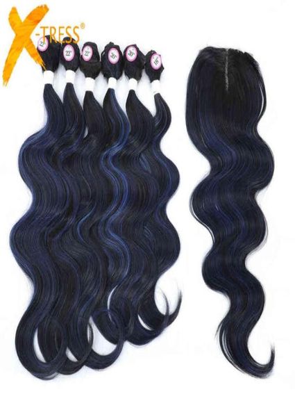 

6 bundles with closure synthetic hair extensions for women body wave blue color highlight xtress natural look cosplay hairpiece h6125190, Black