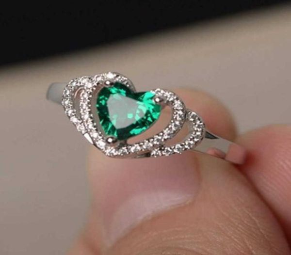 

simple fashion green crystal heart rings for women female ring jewelry ladies love promise wedding jewelry q07082134233, Silver