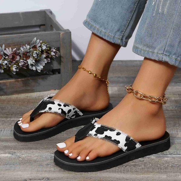 

slippers casual women's summer canvas cow pattern non slip home flip flop sandals for women size wedge flip for women size, Black