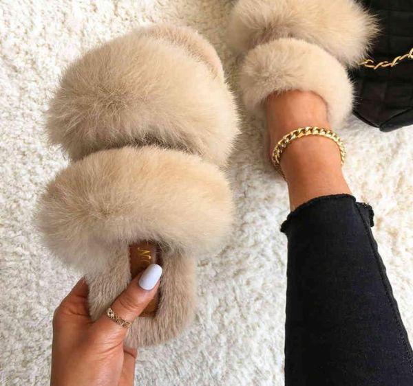 

slipper hairy slide for women faux rabbit fur slipper fluffy plush house anti slip flat sandal female home shoe 2207232743497, Black