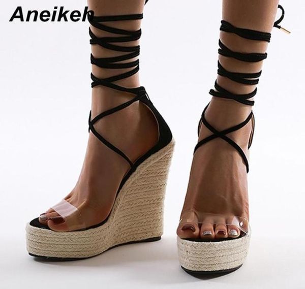 

aneikeh 2020 summer fashion gladiator wedges sandal women flock crosstied laceup high heels party daily pumps shoes size 354218956161, Black