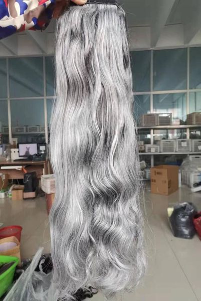 

mixed grey human hair wavy ponytail hairpiece extension long short corn wave ponytail hairpieces magic paste wrap around clip in p3090803, Black