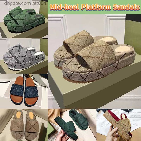 

designer womens midheel slippers shoes platform slide sandals beige blue green canvas dark blue jacquard denim mouse printed luxury men wome, Black