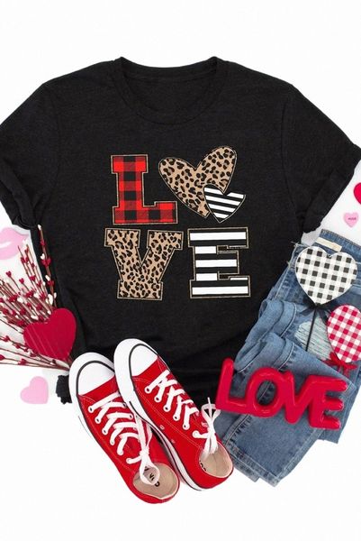 

black love heart plaid striped leopard print graphic t shirt 64fq#, White