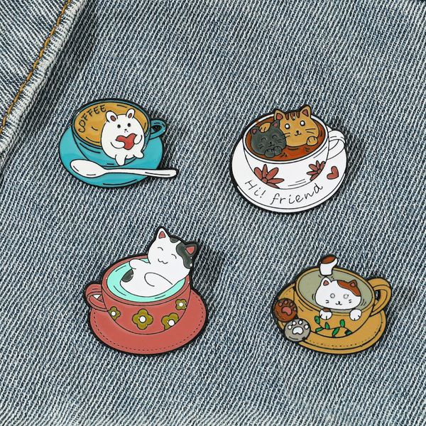 

cute cat coffee cup brooch cute anime movies games hard enamel pins collect metal cartoon brooch backpack hat bag collar lapel badges, Blue