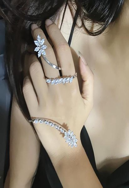 

bangle zircon plant leaf palm bracelet link double finger ring hand jewelry handlets for women 925 silver color 2211096959359, Black