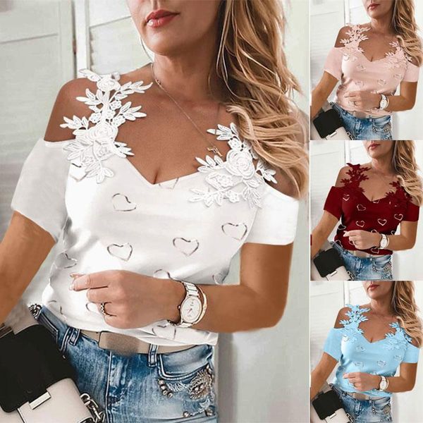 

t-shirt women fashion v neck lace patchwork cold shoulder t shirt casual slim elastic short sleeve lady pullover tees, White