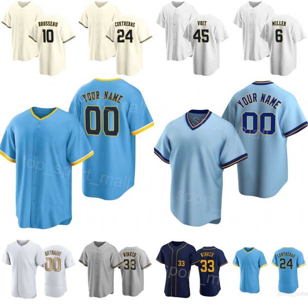 

baseball 24 william contreras jerseys 5 garrett mitchell 33 jesse winker 45 luke voit 10 mike brosseau 6 owen miller 2 luis urias tyrone tay, Blue;black