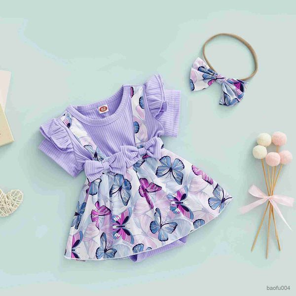 

clothing sets infant girl short sleeve and bow headband print round neck princess summer clothing r230518, White