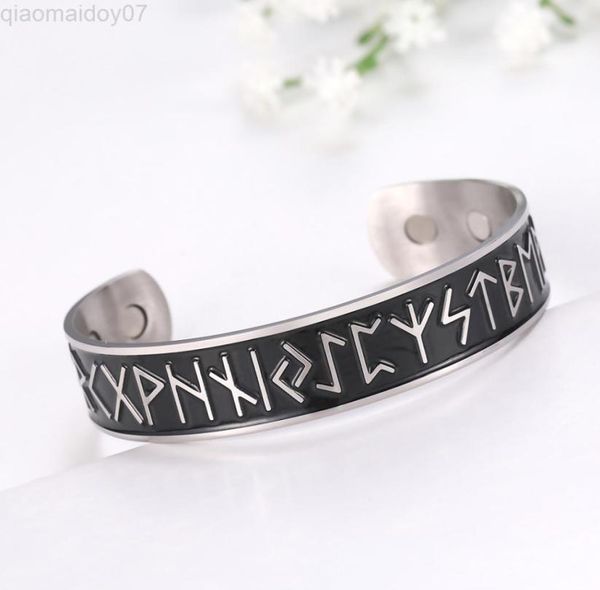 

skyrim stainless steel nordic runes viking cuff bangle wicca amulet vintage health magnetic bracelet jewelry gift for men women l21877339, Black