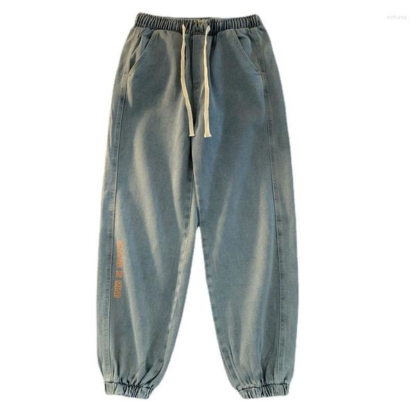 

jeans elastic men's waist leggings mens loose fitting trendy casual retro hong kong harlan cropped pants for men, Blue