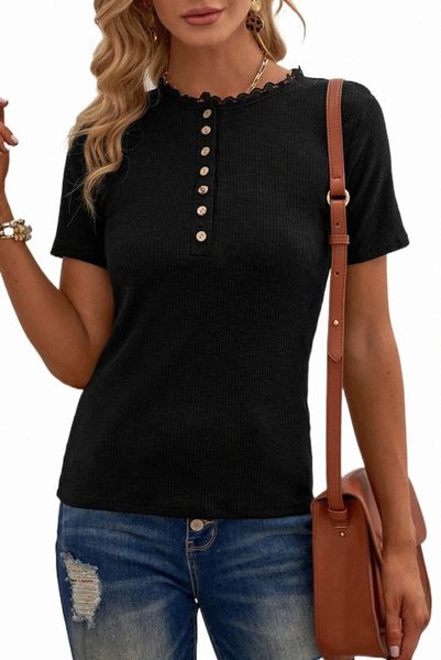 

black buttoned ribbed knit short sleeve 2023 new a7xo#, White