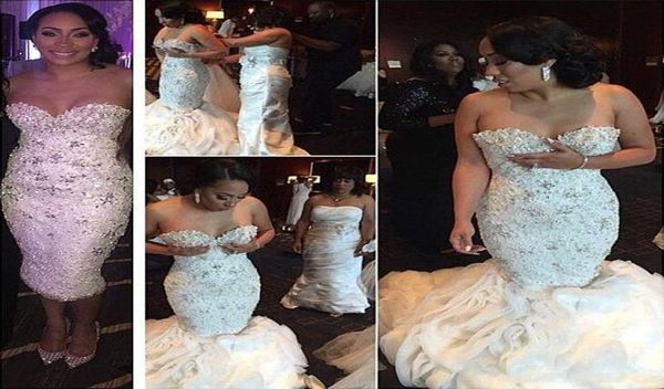 

gorgeous crystals wedding dresses beaded flouncing ruched organza detachable train wedding gowns mermaid plus size white arabic br4269539