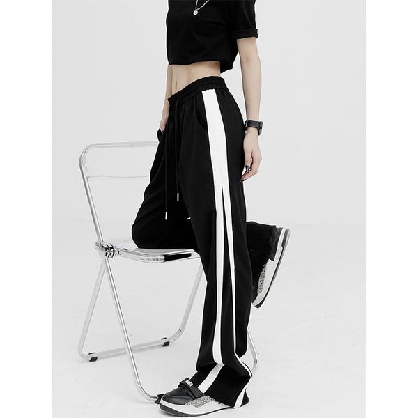 

jeans women's black sports straight pants white edge vintage high waist baggy wide leg casual self cultivation trouser ladies summer, Blue