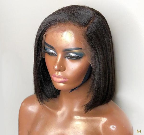

13x4 lace front human hair wigs for women 130 kinky straight short bob remy brazilian plucked baby hair middle ratio bleached5836417, Black;brown