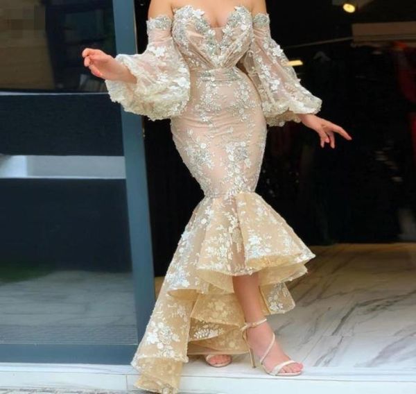 

champagne couture mermaid hi low prom dresses sweetheart off the shoulder lace appliqued evening dress puffy long sleeves arabic f6819207, Black;red
