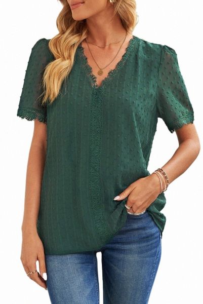 

green lace splicing v-neck swiss dot short sleeve e6tl#, White