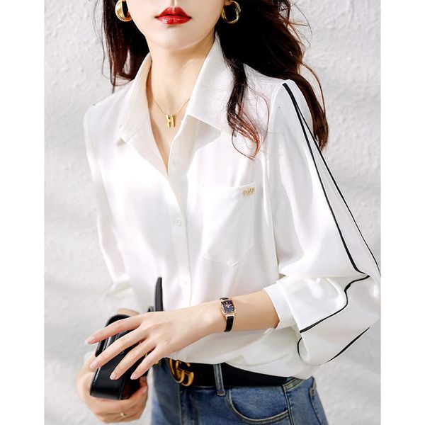 

women's blouses shirts fashion lapel button spliced pockets all-match shirt women clothing autumn loose casual office lady blouse 2305, White