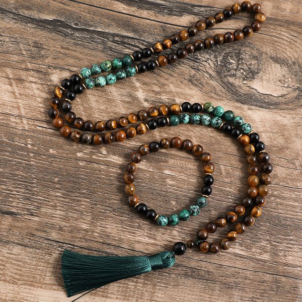 

chokers 8mm yellow tiger eyes turquesa africana black onyx japamala set meditation yoga spirit jewelry 108 mala beaded tassel necklace 23051, Golden;silver