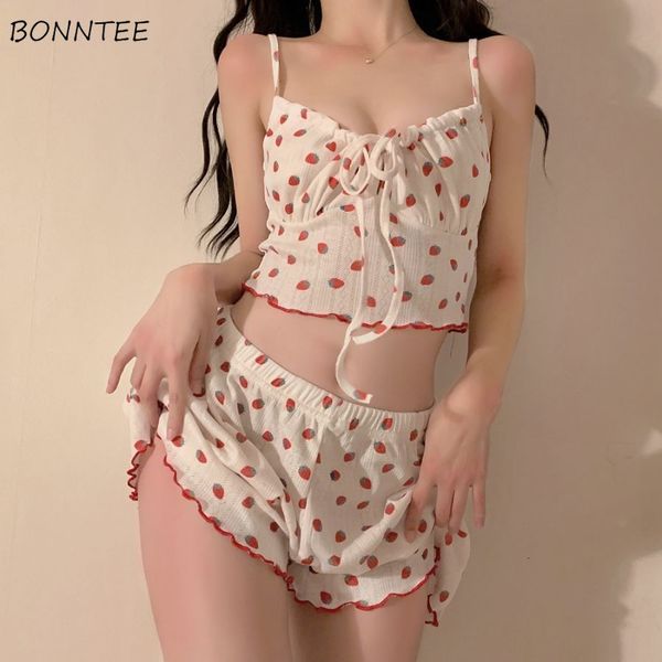 

women's sleepwear strawberry pajama sets sweet bandage slim 2 pieces sleepwear home casual simple summer fashion soft students ulzzang, Black;red