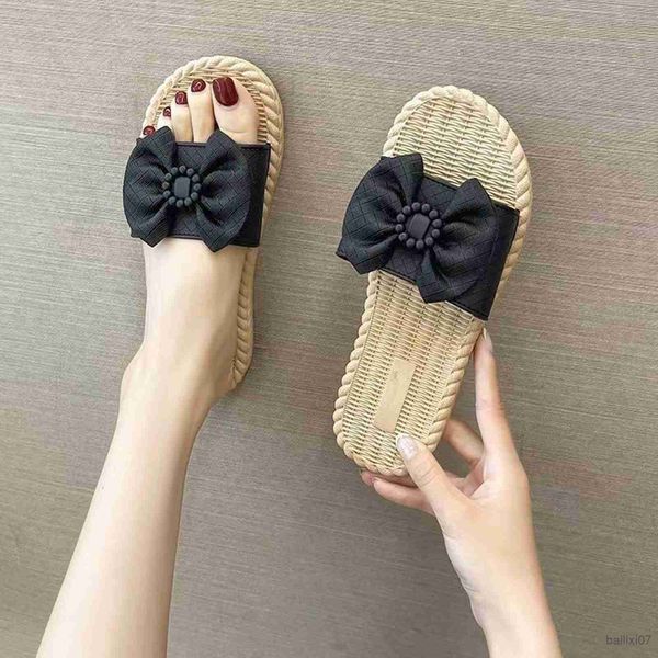 

slippers new in slippers for women indoor and outdoor bow decoration indoor outdoor non slip light flat beach shoes mujer, Black