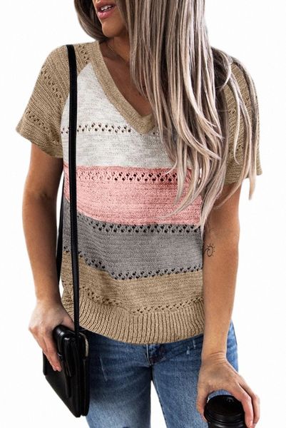 

multicolor stripe print knitted v neck 2023 new b1f1#, White
