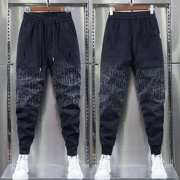 

men's jeans trendy men's autumn gradient color letter cuff denim designer casual wear baggy style cargo boyfriend unique man jean, Blue