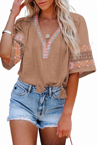 

brown tassel drawstring embroidered half sleeve v neck x7nx#, White